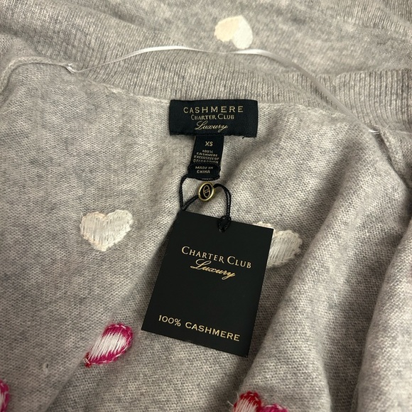 Charter Club Cashmere Heart-Embroidered Long Open Cardigan In Grey Combo Size XS - Picture 7 of 9